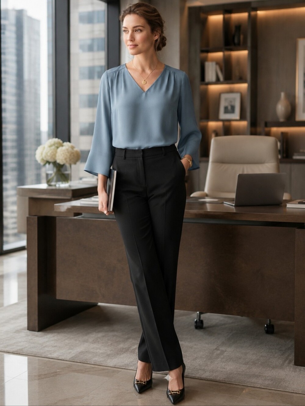 Eileen Fisher Silk Georgette Crepe Dusty Blue V-Neck Blouse Size XXS